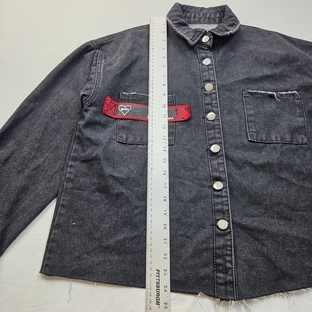 Custom Distressed Black Denim Jacket Black‎ Dog Graphic Grunge Streetwear Size L